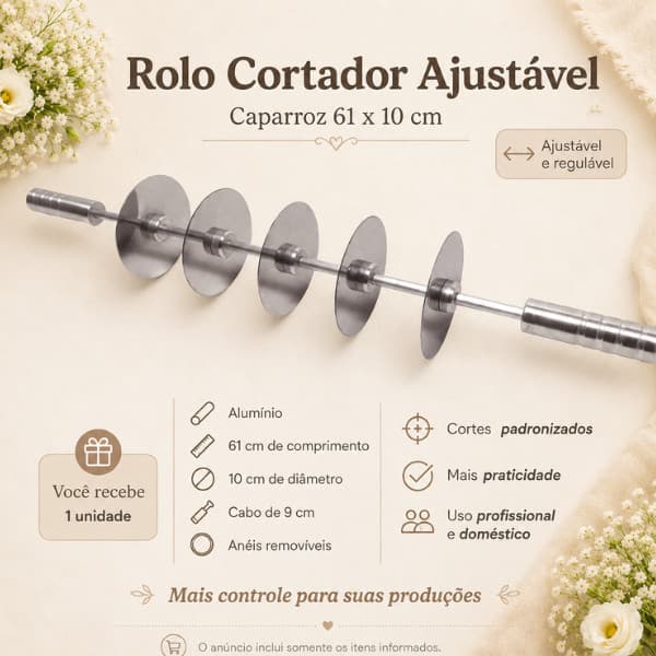 Rolo Cortador Ajustável Caparroz Alumínio 61x10cm para Bolo Brownie Pão de Mel Folhados Tortas e Doces