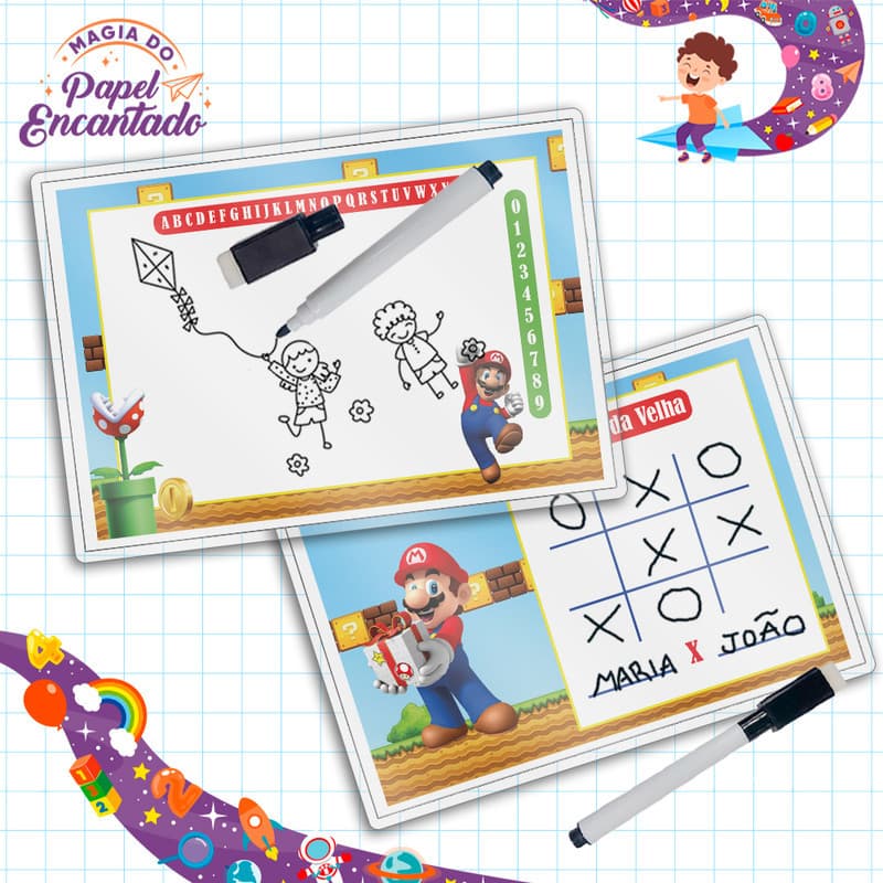 Kit 10/15/20/25/30 Lousas Mágica + Caneta Com Apagador Lembrancinha Festas Infantil Super Mario