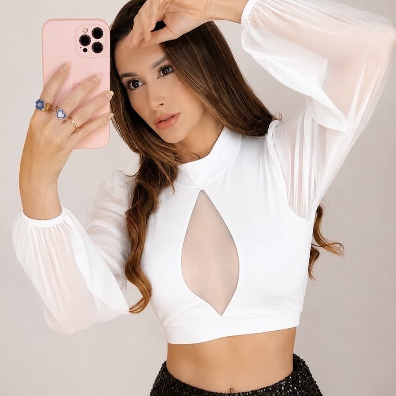 Cropped Feminino  Manga Bufante em Tule Transparente em com Amarração na Cintura Blusa Feminina Cropped para festa,Ele