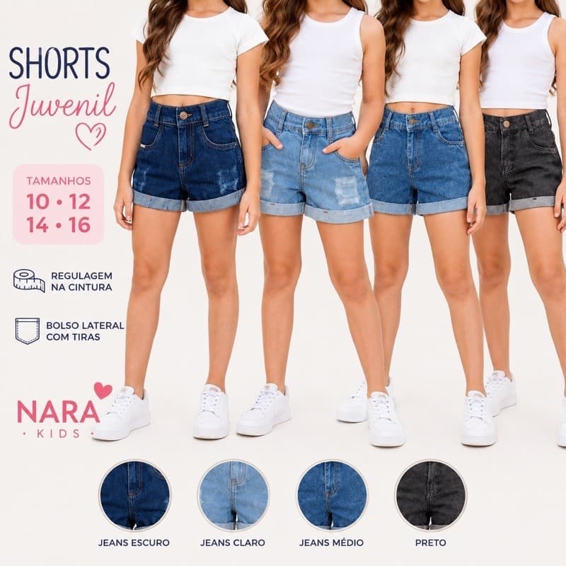 Short Jeans Juvenil Feminino 8 ao 16 com Regulagem na Cintura – Básico, Lindo e Combina com Tudo