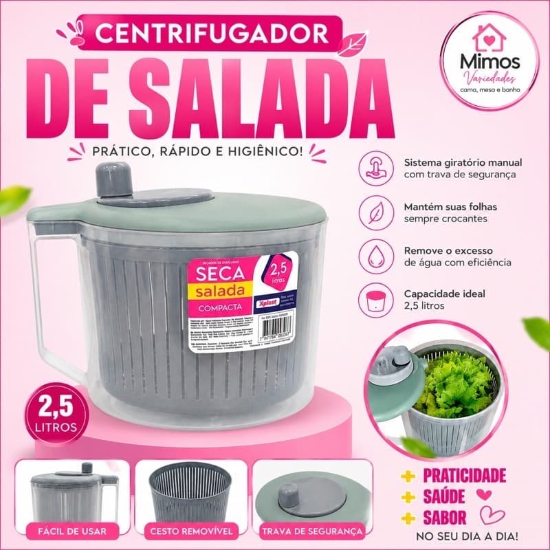 CENTRIFUGADORA SECADORA DE  SALADA PRÁTICA, RÁPIDA E HIGIÊNICO 2,5 LITROS SEQUE SUAS FOLHAS EM SEGUNDOS