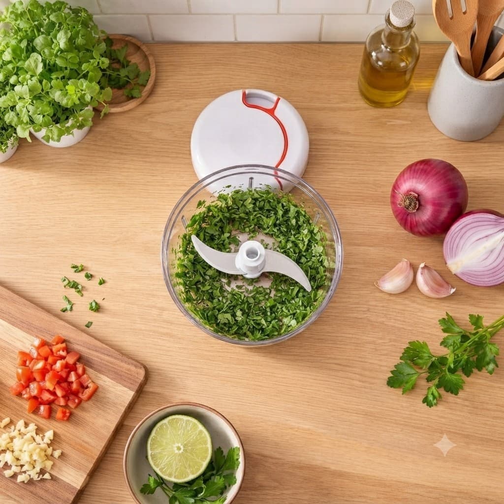 Mini Triturador Alho Cebola Inox 2 Lâminas Corda Retrátil Manual Portátil