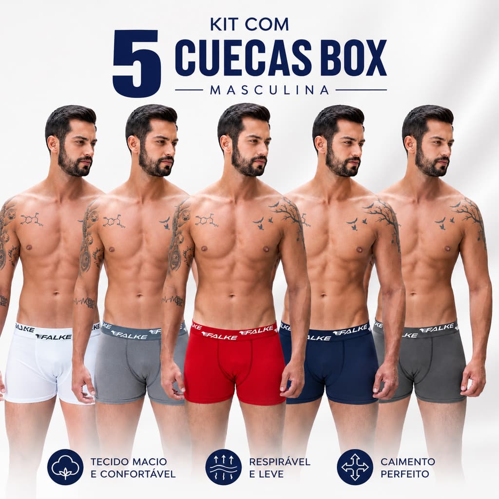 KIT COM 5 CUECAS BOXER LISAS FALKE MASCULINA