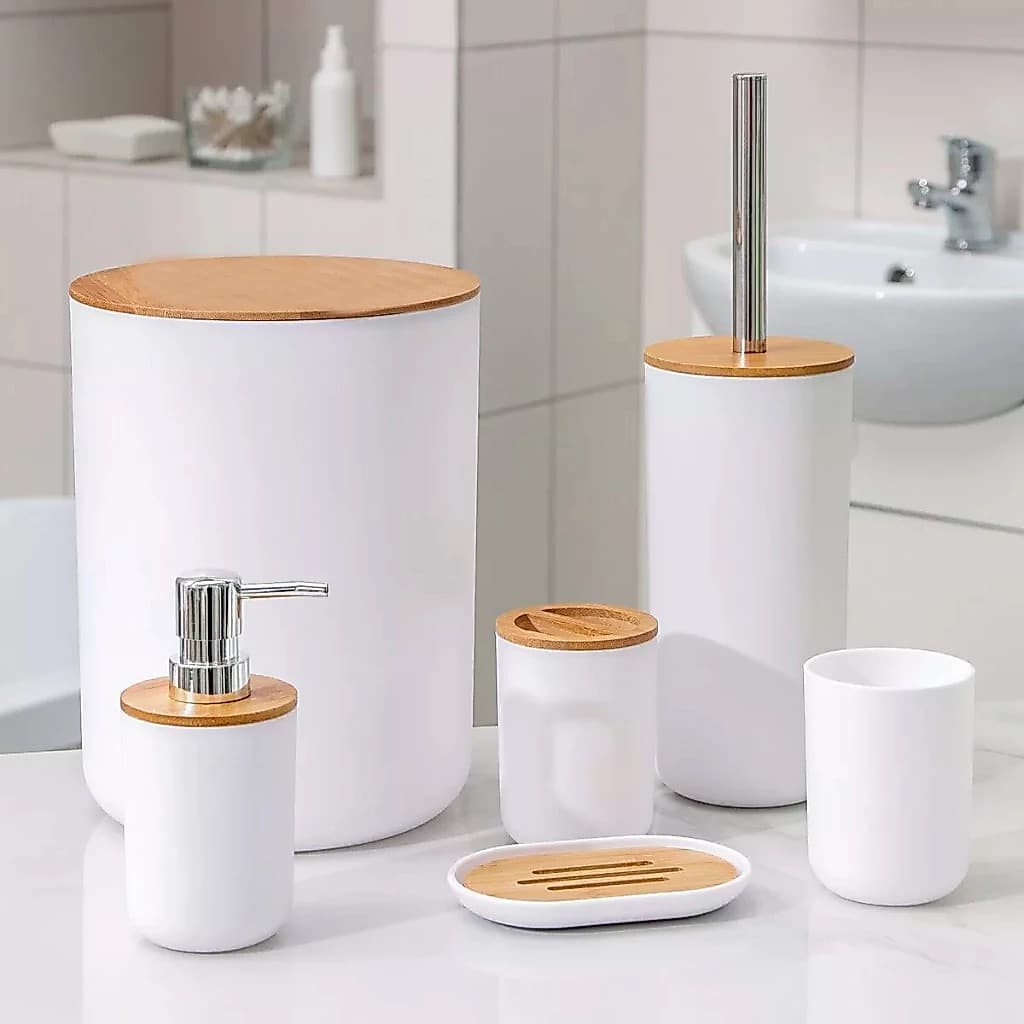 Kit Banheiro Lavabo Conjunto Acessórios lixeira escova 4 ou 6 Peças Bambu Luxo Preto/Branco