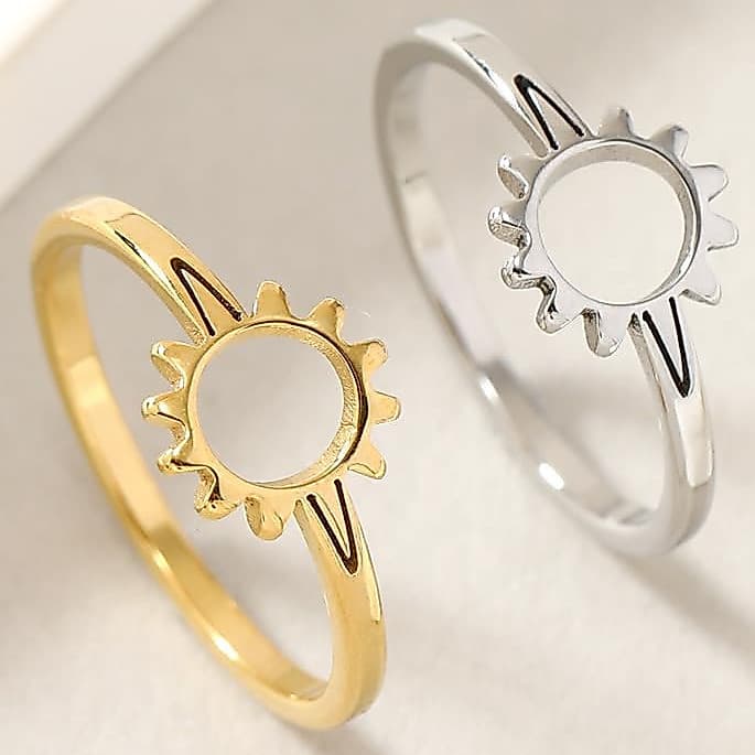 Anel em forma de sol em aço inoxidável, design requintado, estilo clássico, anel de sol simples, joia feminina, tamanho