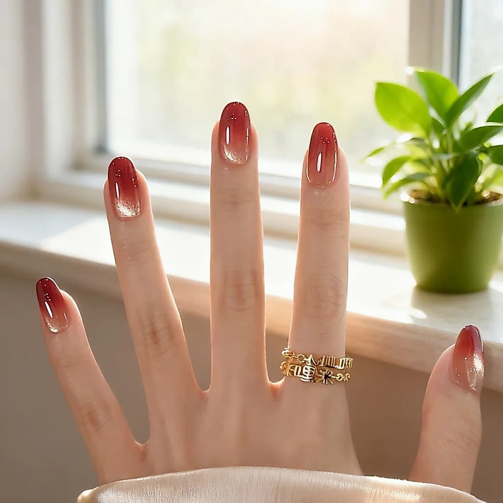 [Manchas de vinho chá preto] clareamento gradiente olho de gato vermelho manicure suave feito à mão unhas manicure remen