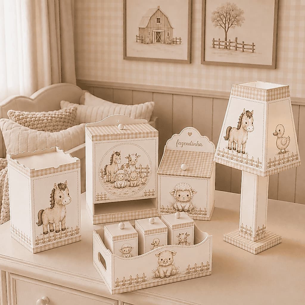Kit Higiene para Quarto de Bebê 8 Peças Fazendinha Bege em MDF