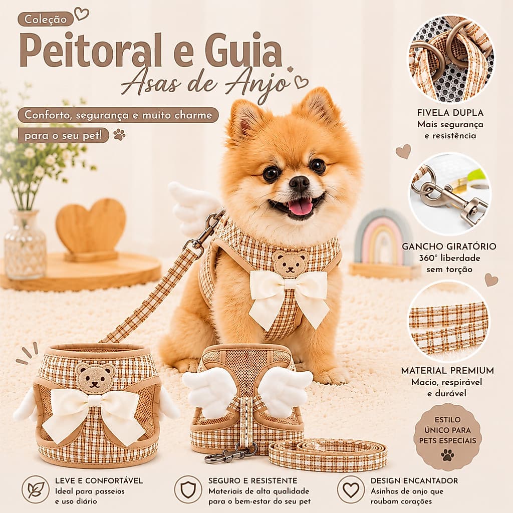 Coleira Peitoral Guia Cachorro e Gato Asas de Anjo Pequeno Médio Colete Pet Ajustável Confortável