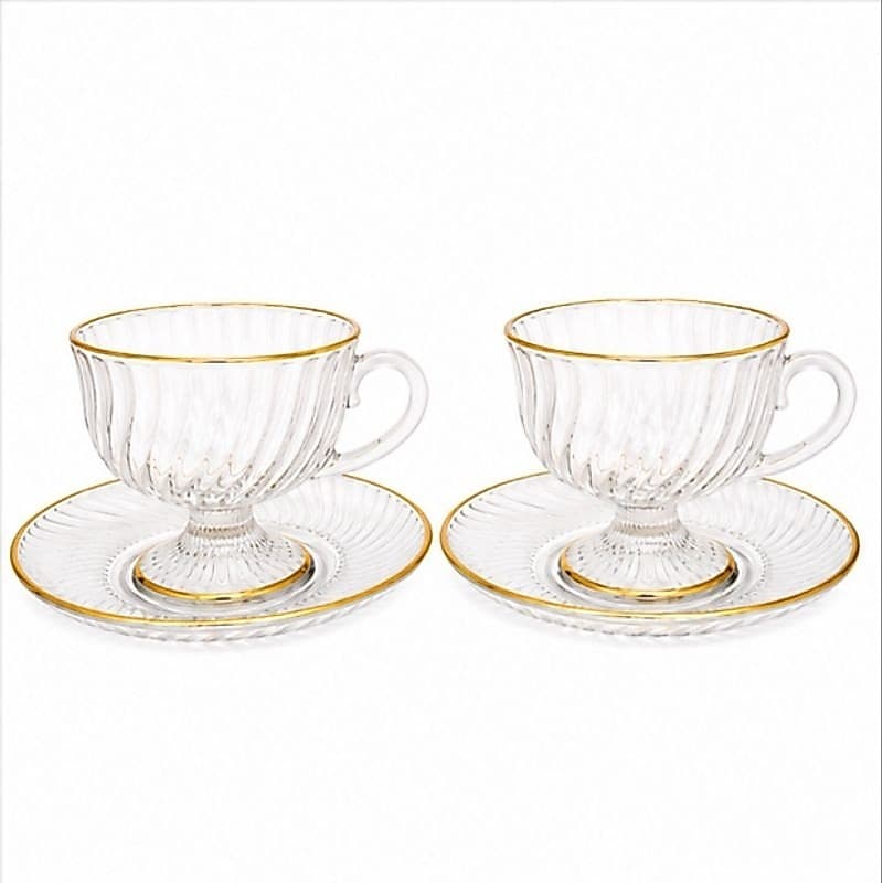 Jogo 2 Xícaras de Vidro com Pires para Café e Chá Borda Dourada Luxo Elegante Kit 2 Peças