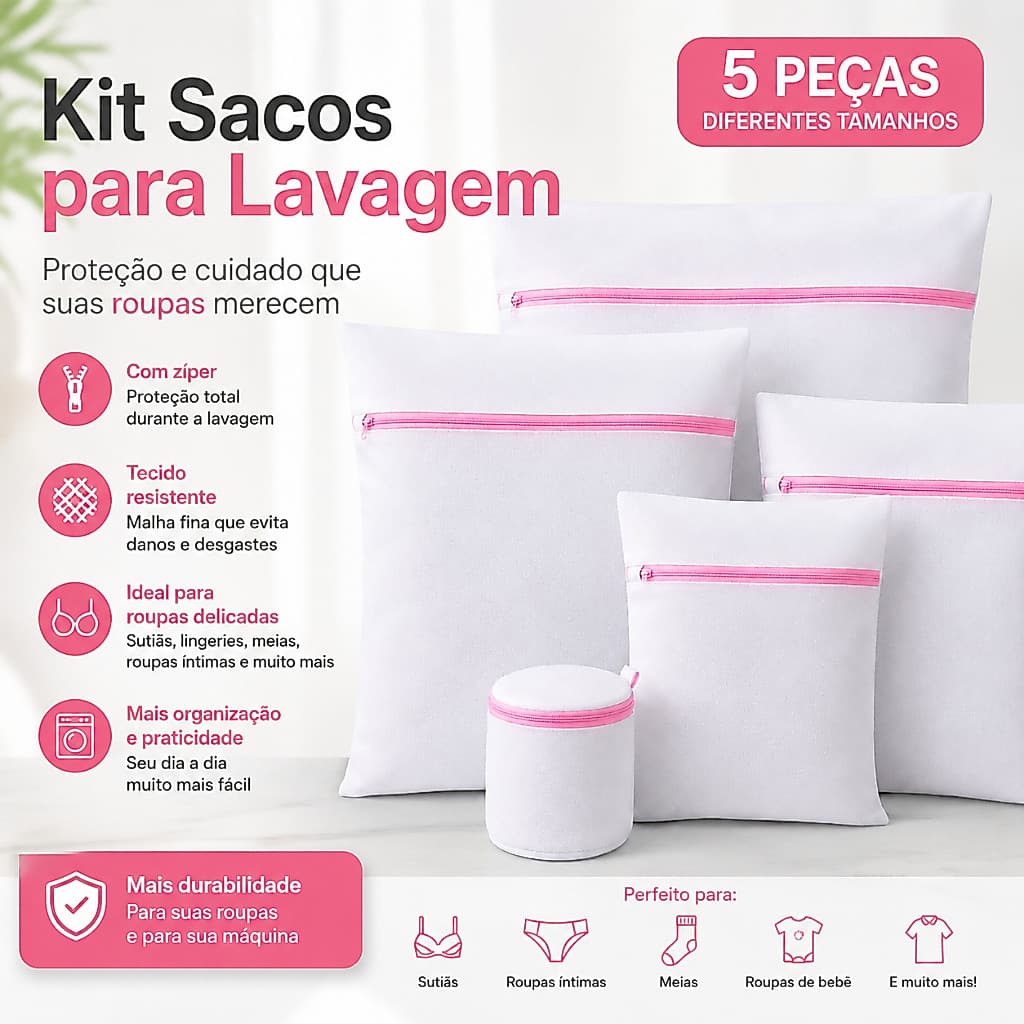 Kit 5 Sacos Para Lavar Roupas Delicadas Com Zíper Malha Resistente Para Máquina De Lavar