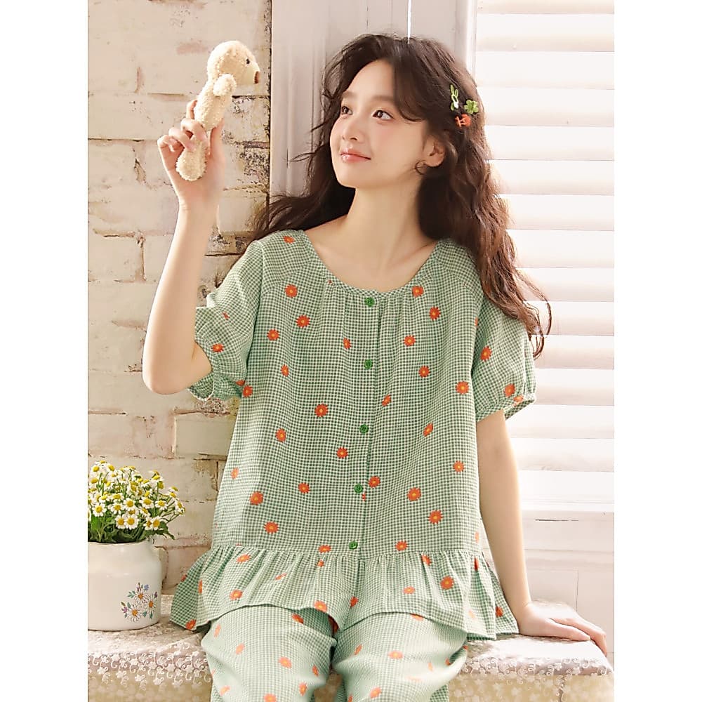Pijamas de verão feminino puro algodão gaze manga curta calças médias terno pequeno fresco babados estilo fino pode usar