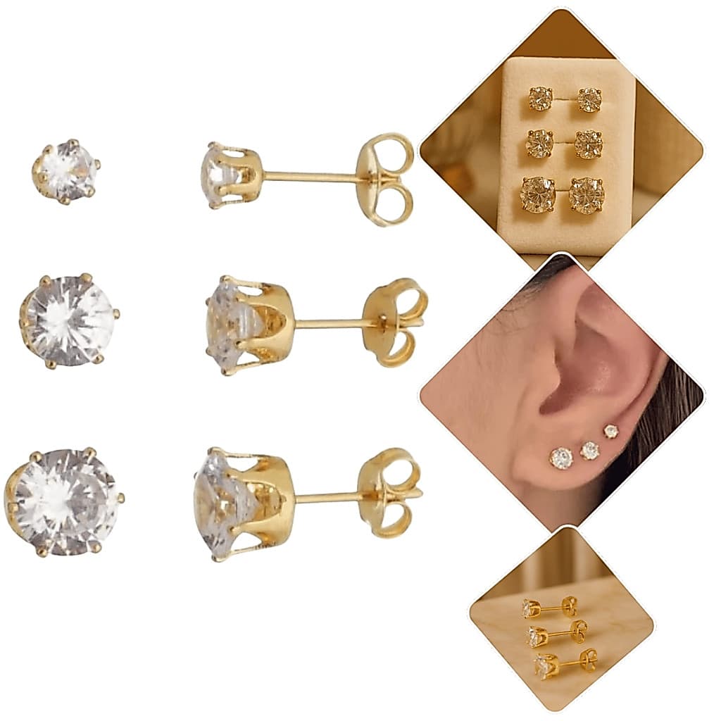 Kit Trio brinco Ponto de Luz Zircônia Folheado a Ouro 18K SEMI JOIA Feminino Moda