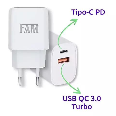 Carregador de Celular Turbo/Fast Charger, com 2 saídas PD / QC 3.0, 20W, marca FAM, modelo FCA-PD29.