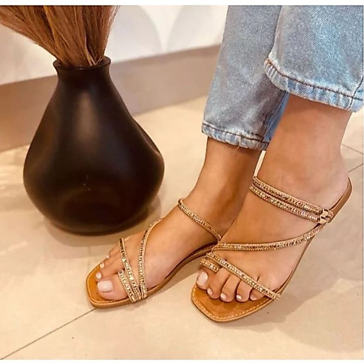 Rasteirinha Feminina Papete Strass Colorido Sandália Com Regulador Rasteira