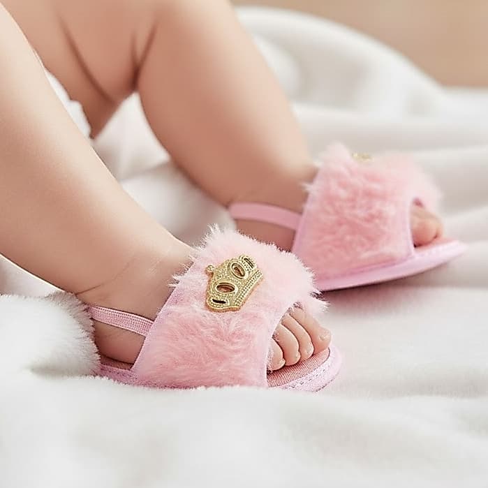 Pantufa Infantil Menina de Pelúcia Sola em Eva Enfeite Coroa Princesa Casual Bebê Leve Macio Confort
