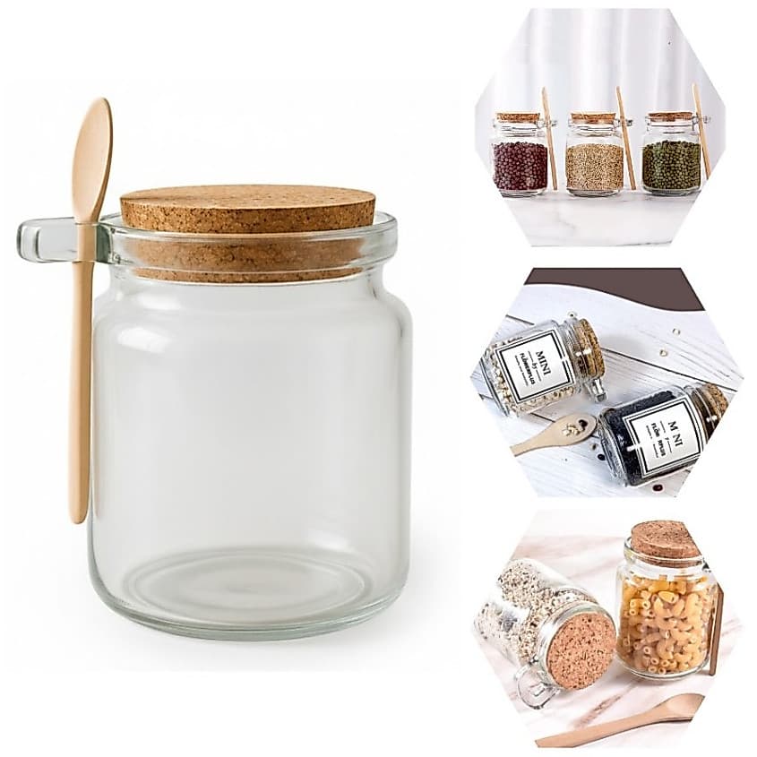 Pote Com Colher De Bambu Vidro 220ML Vedação Cortiça Porta Temperos Sal Açúcar Mel Resistente
