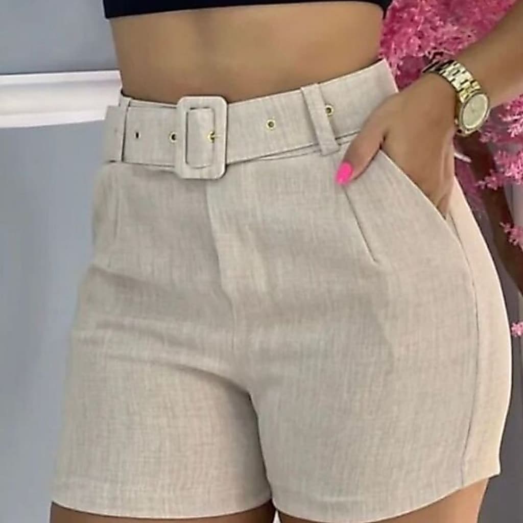 Short Feminino Linho Com Bolso e Cinto