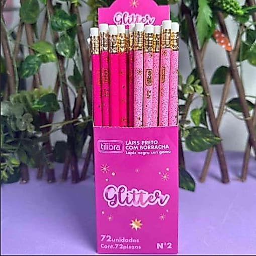 Kit Lápis de Escrever Rosa Glitter com Borracha Tilibra - Brilhante