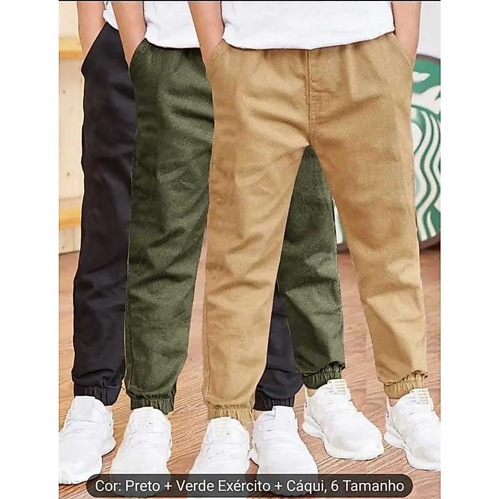 Kit com 3 calças sarja masculina infantil juvenil com regulador