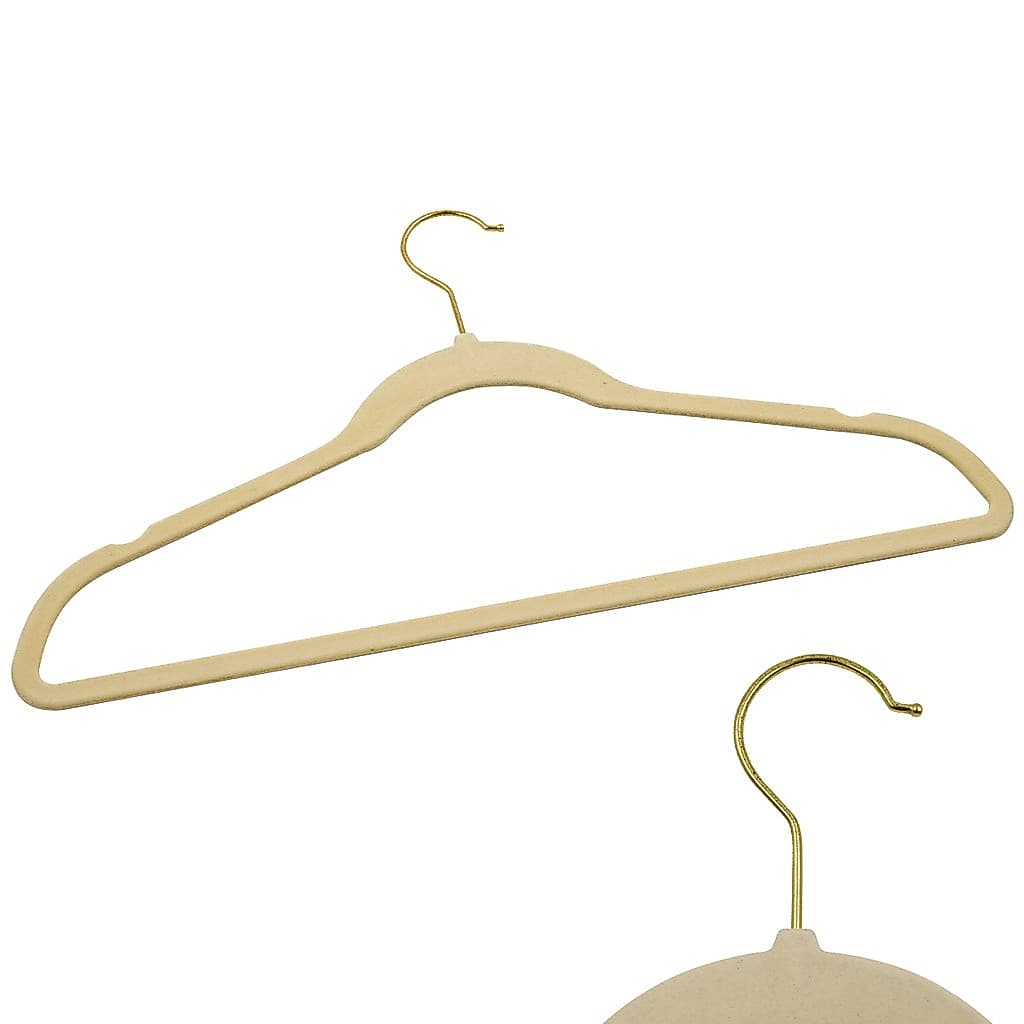 Kit 10 Cabides Veludo Bege e Gancho Dourado Antideslizantes