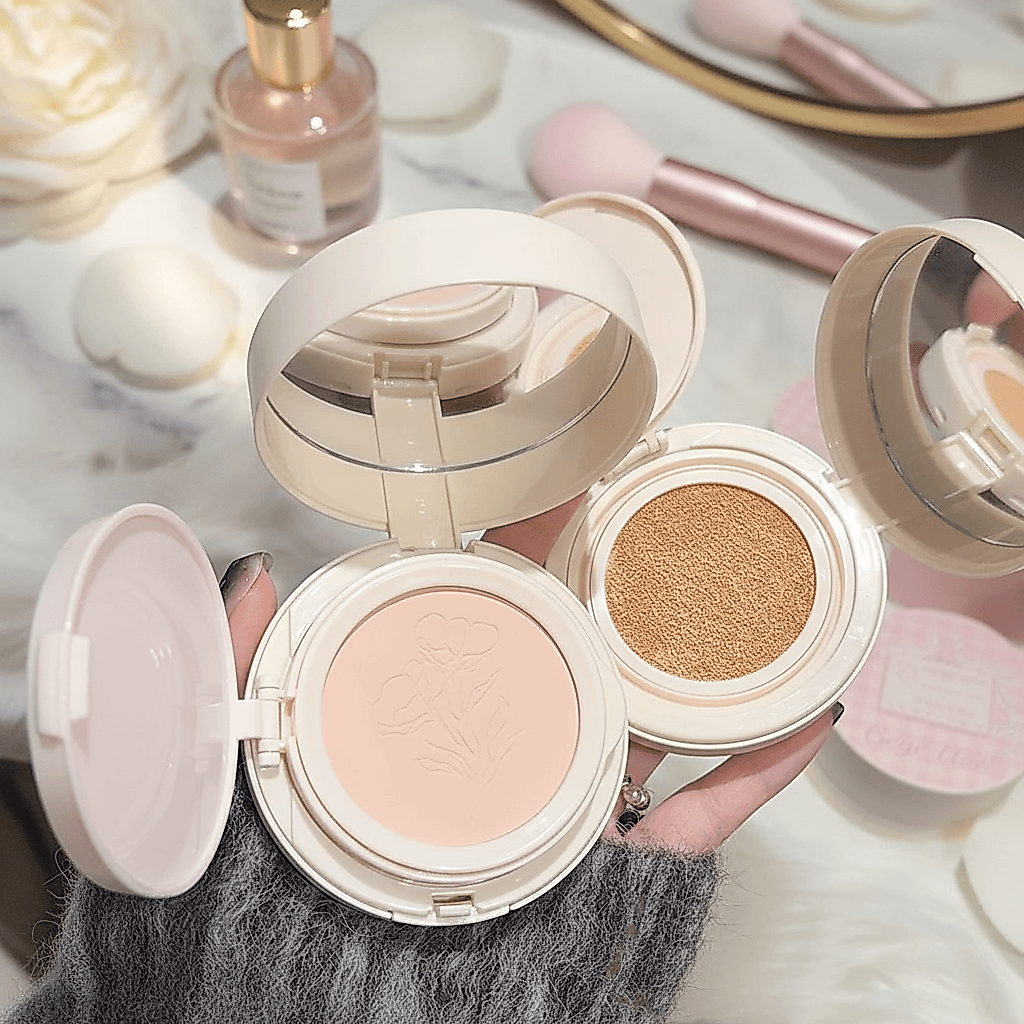 Gege Bear 2 em 1 Creme Facial BB e Pó Fixador Base Cushion à prova d'água com espelho tamanho para viagem