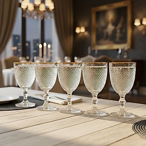Jogo 6 Taças Vidro Bico de Jaca Borda Dourada Hauskraft Premium 320ml Mesa Posta Água Vinho Copo Luxo Fio de Ouro