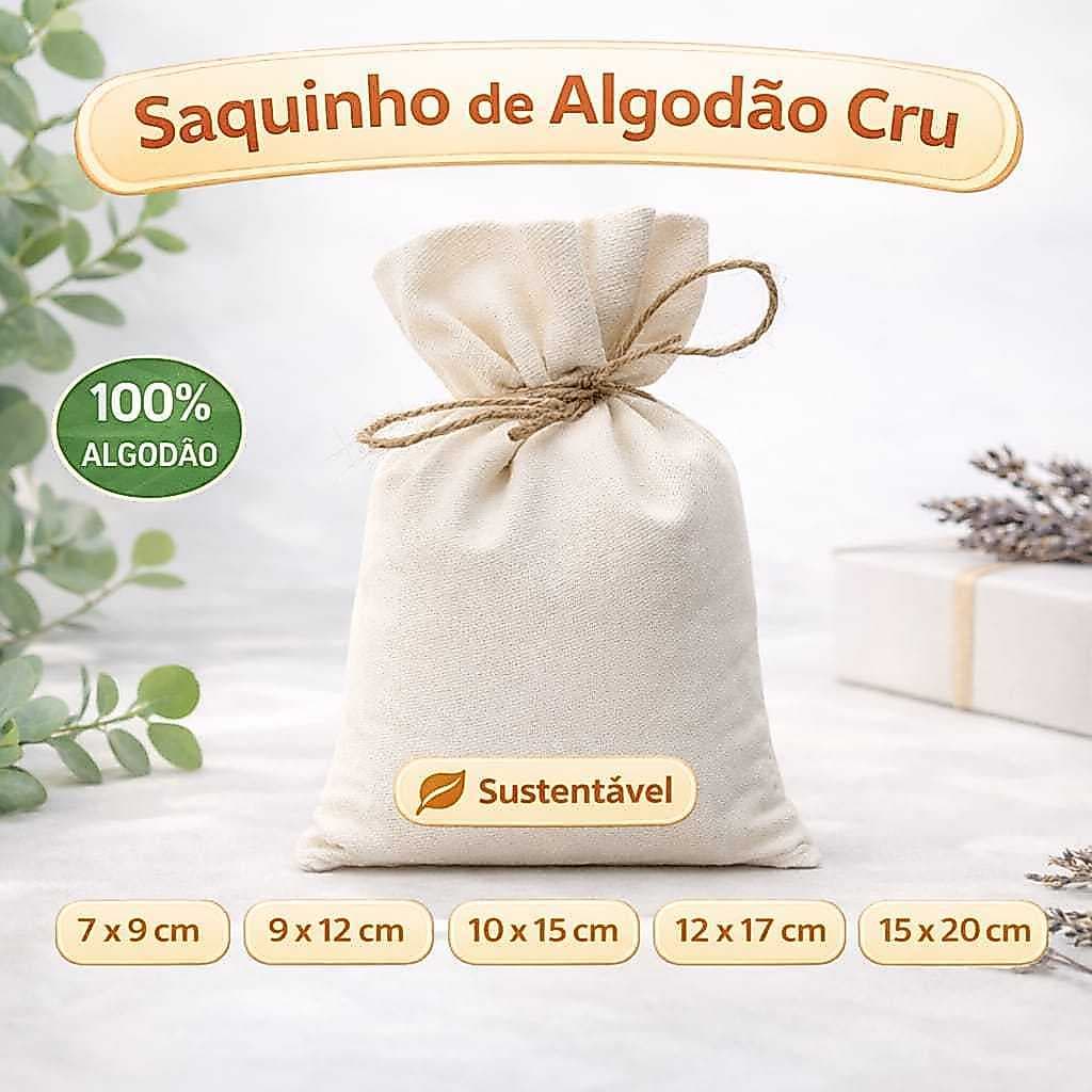 75 Saquinhos em algodão cru com cordão de juta solto. 100% Algodão.