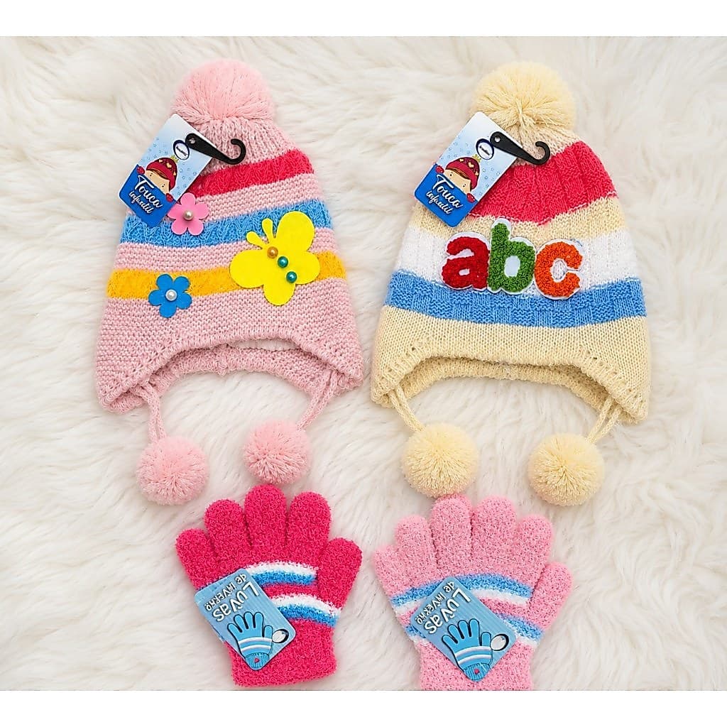 Kit Touca e Luva Infantil Feminino Inverno Rosa Bege Frio Peluciadas Menina