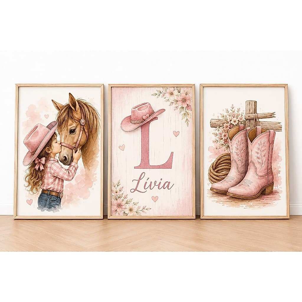 Quadros Decorativos Cowgirl Rosa Cavalo Nome Personalizado Botas Menino Menina Infantil Criança Fofo