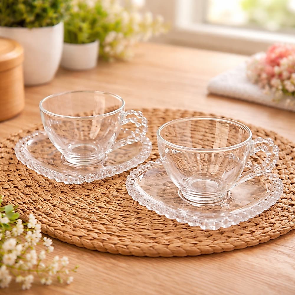 Xícara de Chá em Cristal com Pires de Coração 170ml Elegância e Charme na Sua Mesa
