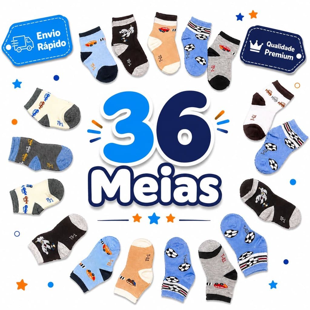 Kit Infantil Menino 6 a 36 Meias Sortidas Confortáveis para Crianças de 0 a 8 Anos Passeio e Escola