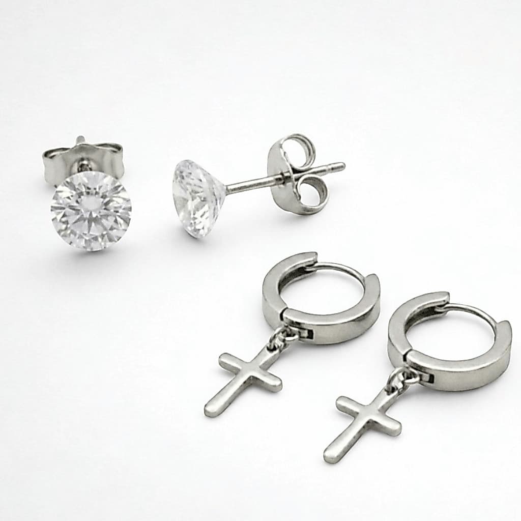 Kit 2 Par Brincos Prata Ponto de Luz Aço Inox Cruz Masculino Feminino Unissex Antialérgico