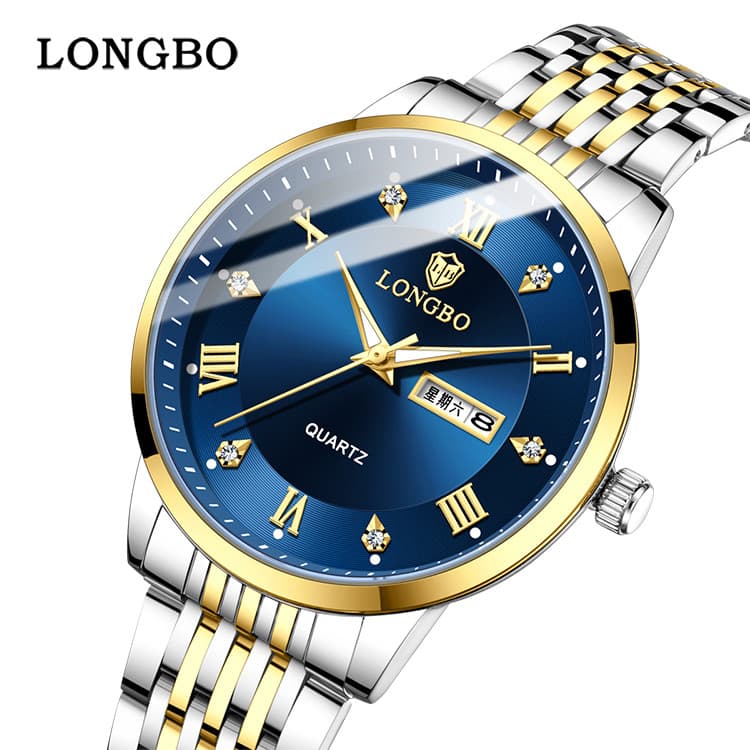 Relógio Masculino LONGBO Quartzo Luxo Aço Inoxidável Calendário Semana e Data Ponteiros Luminosos 30M Resistente à Água