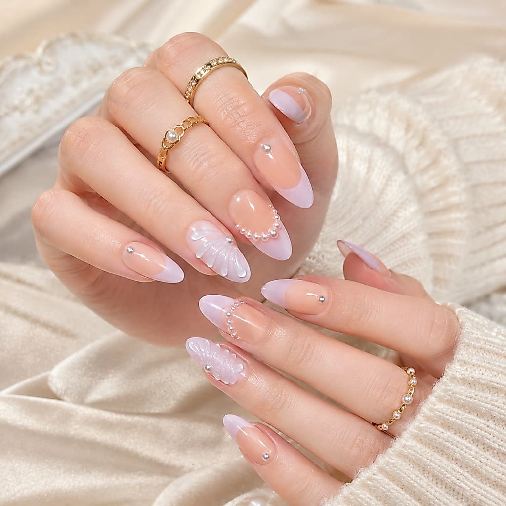 24 Pcs Nude Rosa Lavanda Prensa Francesa Em Unhas Amêndoa Postiças Arco De Pérola Conjunto De Reutilizáveis Noiva Macias