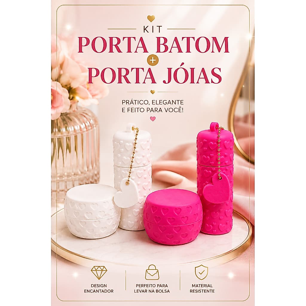 Kit Porta Batom + Mini Porta Joias Feminino Organizador de Bolsa Coração