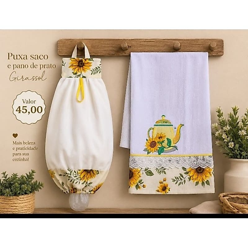 puxa saco e pano de prato, porta sacolas,puxa saco girasol.