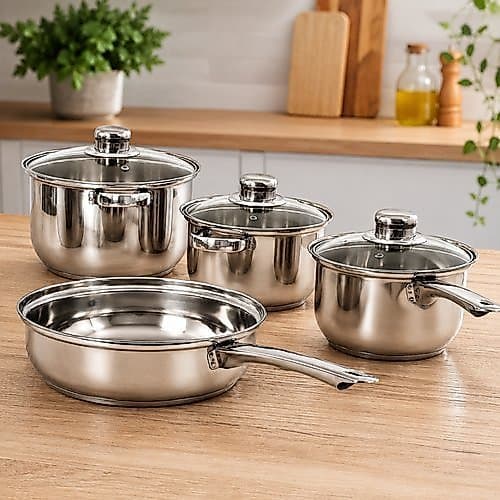 Conjunto Panelas Inox 7 Pecas Tampa Vidro Duravel Resistente Cozinha