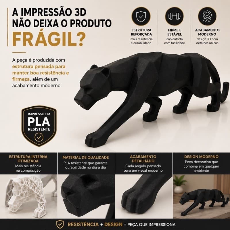 Escultura Pantera 3D PLA Resistente Decorativa Low Poly Enfeite para Sala Mesa Estante Escritório Preto e Branco