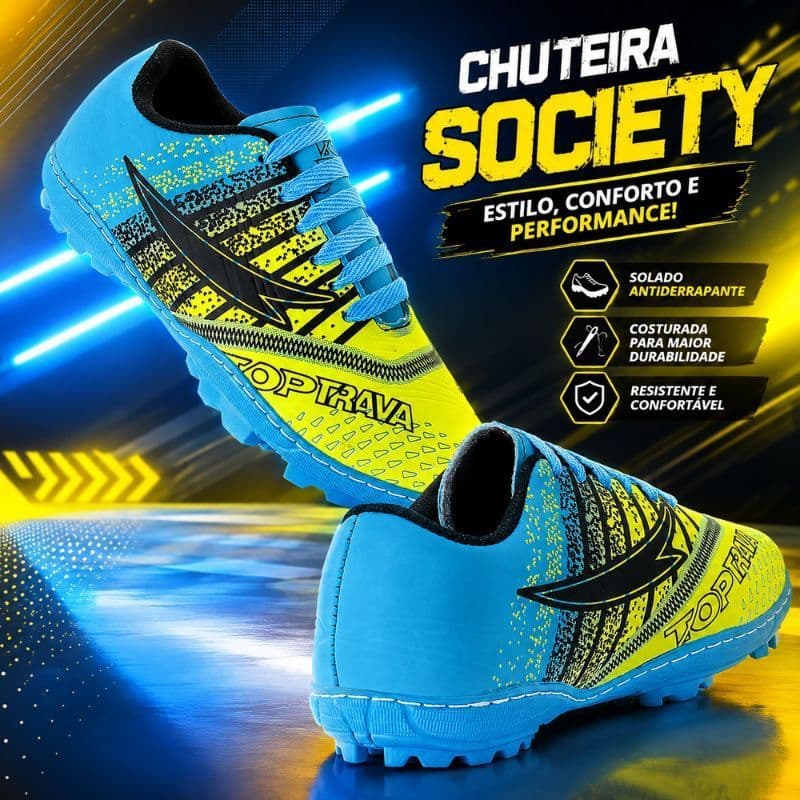 chuteira society com travas resistente quadra gramado sintético chuteira confortável e resistente