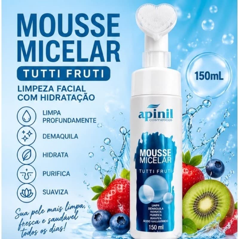 Mousse Micelar Limpeza Facial Tutti Fruti 150ml Hidratante Demaquilante com Escova de Silicone Apinil