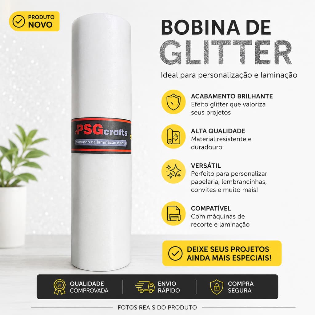 Bobina BOPP Glitter 220mm x 20m PSGCrafts Alta Aderência p/ Laminação
