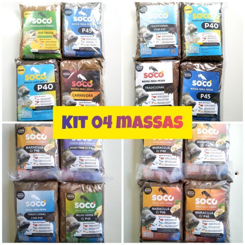 Kit 04 Massas Socó 500 gramas, tradicional, milho, panetone e também maracujá