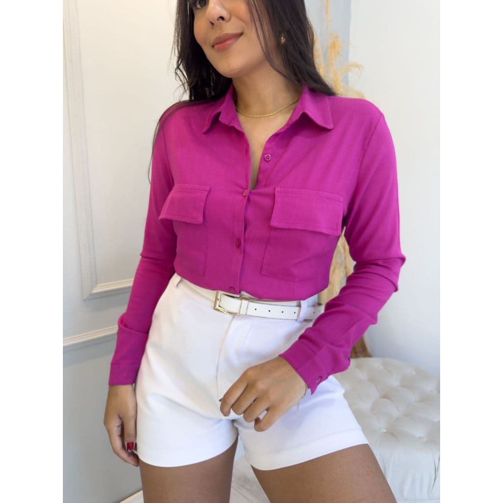 Camisa Social Feminina Manga Longa Botões Funcionais Com Bolso | Elegante e Fresquinha para Trabalho Estudo