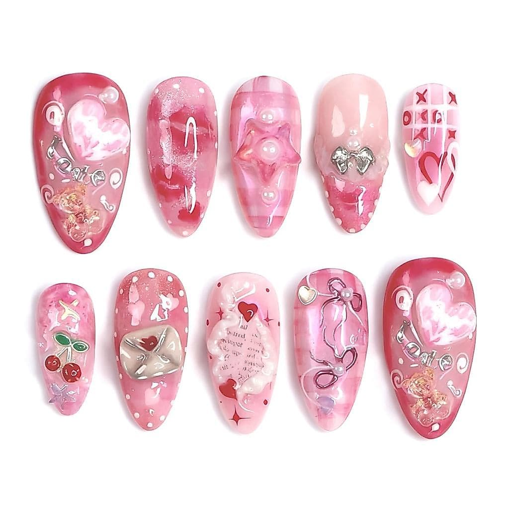 30 Unidades de Unhas Postiças Rosa para o Dia dos Namorados, Unhas Postiças Bonitas em Formato de Amêndoa, Conjunto de U