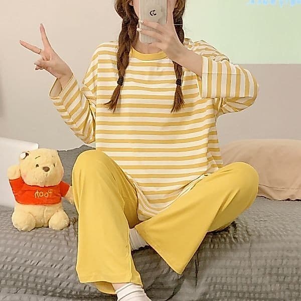 Doce cor pijamas feminino de manga comprida primavera outono terno literário pequeno fresco calças compridas solto Homew