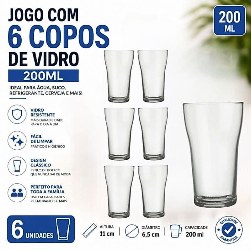 Jogo com 6 Copos de Vidro 200 ml –Copo Boteco, Clássico, Versátil e Resistente