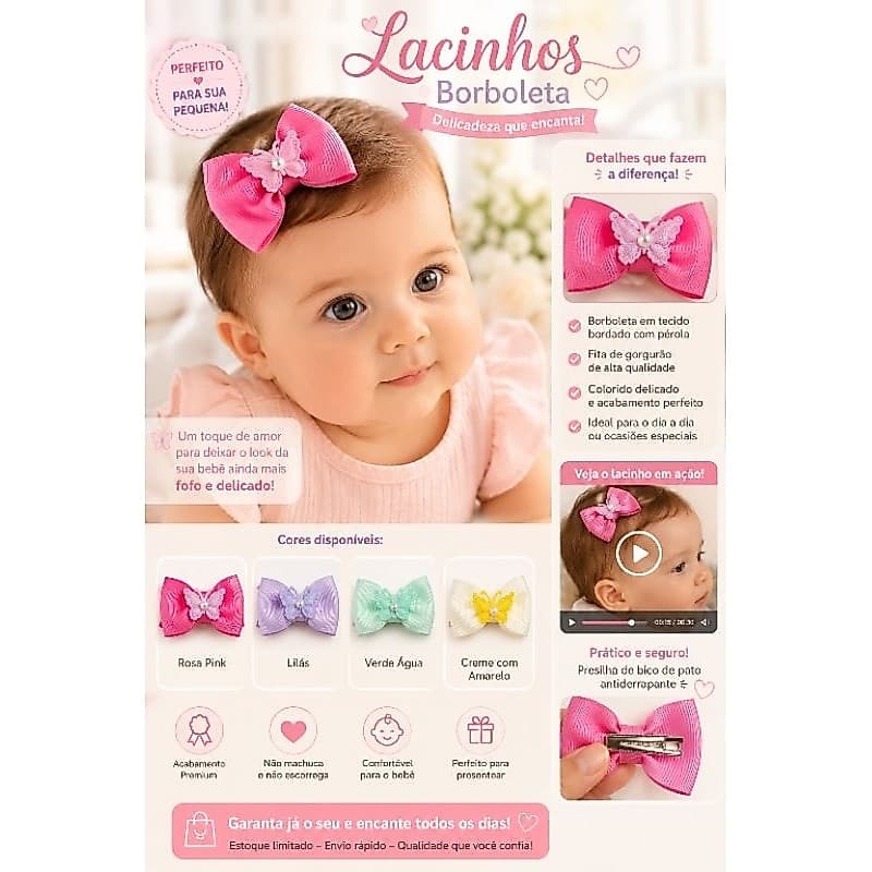 🌸 Kit com 5 Pares de Laços Infantil com Borboleta – Bico de Pato