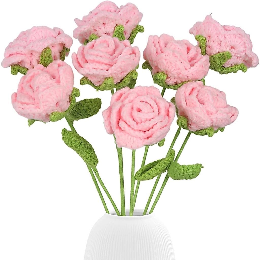 YIFYBYFloresDeCrochêRosa8PCSRosasDeCrochêTricotadasFloresArtificiaisEmLoteArranjoParaDiaDaMãeFormaturaDecoraçãoDeCasaAni