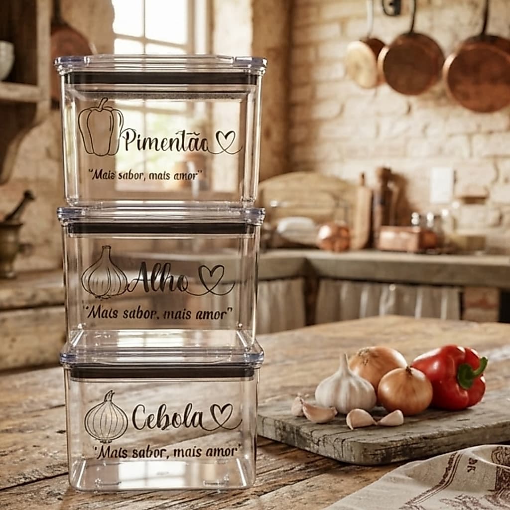 Potes Herméticos Quadrados 480ml kit 3 Unidades Organizador Cozinha Alho Cebola Tomate Com Adesivos Personalizados
