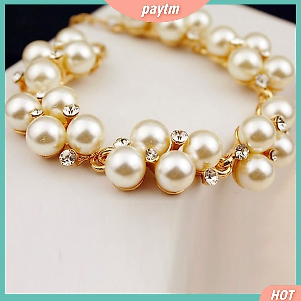 Yar_Pulseira Feminina Com Contas De Pérola Falsa E Strass / Joias / Charmosas / Presente